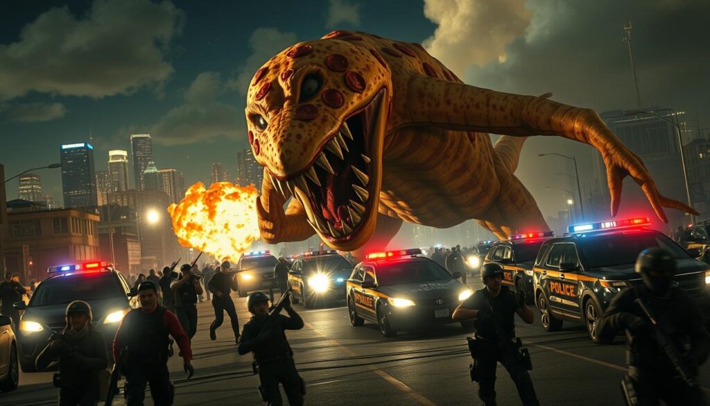 A chaotic scene of a city under a "pizza attack" - in the foreground, a giant, grotesque humanoid pizza creature rampages through the streets, its gaping maw filled with razor-sharp pepperoni teeth. Terrified civilians flee in all directions as the creature swats away emergency vehicles with its massive, doughy limbs. In the middle ground, armed response teams in tactical gear take up defensive positions, firing high-caliber weapons at the beast. The night sky is lit by the flashing lights of police cars and the fiery explosions of the battle. In the background, the city skyline is obscured by billowing clouds of smoke and debris. The atmosphere is one of sheer terror and desperation as the authorities desperately try to contain this bizarre and unprecedented threat.
