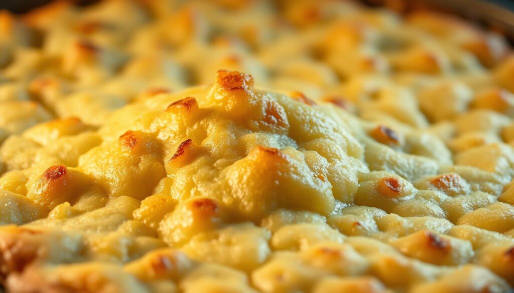 A close-up, high-resolution photograph of a perfectly golden-brown, crispy potato topping for a hearty Shepherd's Pie. The topping is evenly spread across the surface, with a slight mounding in the center. Small peaks and ridges create a visually appealing, rustic texture. Subtle highlights and shadows define the contours, conveying a sense of depth and dimension. The potatoes have a smooth, creamy interior peeking through the crisp exterior. The lighting is soft and diffused, creating a warm, inviting atmosphere. The image is captured at a slight angle, emphasizing the depth and dimension of the topping. The focus is sharp, ensuring every detail of the topping is clearly visible.