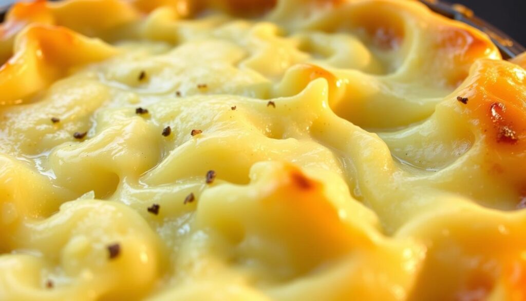 A close-up photograph of a perfectly golden-brown shepherd's pie with a creamy, fluffy potato topping. The top is lightly crisped, with delicate swirls and peaks. Soft shadows accentuate the texture, while warm, diffused lighting from the side creates a cozy, inviting atmosphere. The smooth, velvety mashed potatoes are lightly flecked with black pepper, and a subtle sheen suggests a light brushing of melted butter. The overall impression is of a hearty, homemade comfort food dish, ready to be enjoyed.