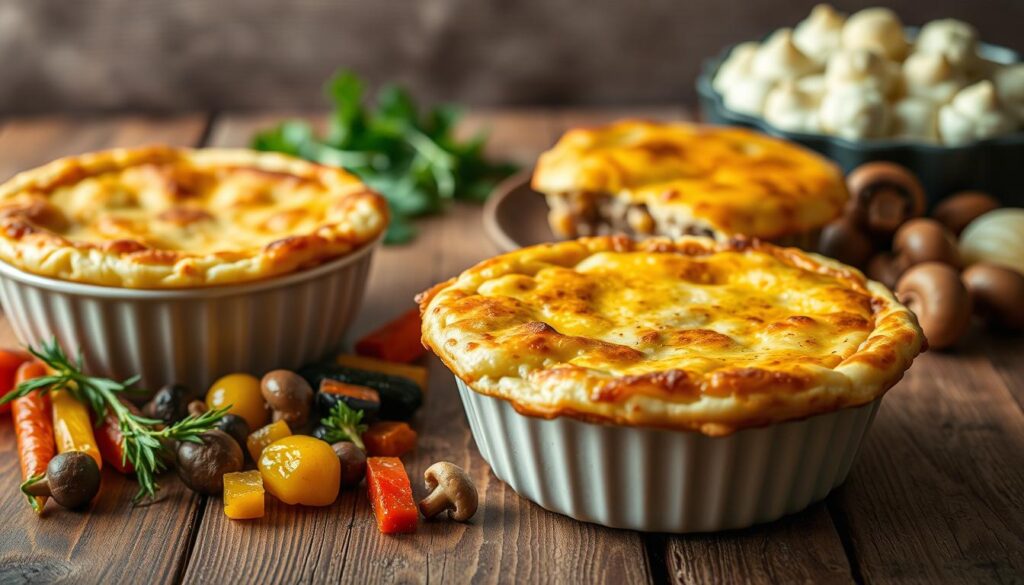 A close-up shot of a stylized Shepherd's Pie display, featuring three distinct variations arranged on a rustic wooden table. In the foreground, a classic Shepherd's Pie with a golden, mashed potato crust, accompanied by colorful roasted vegetables. In the middle ground, a vegan Shepherd's Pie with a creamy, plant-based filling and a flaky, whole-wheat pastry top. In the background, a gluten-free Shepherd's Pie with a cauliflower and potato mash topping, alongside sautéed mushrooms and pearl onions. Soft, natural lighting casts warm shadows, highlighting the hearty textures and inviting aromas of these comforting, dietary-friendly Shepherd's Pie interpretations.