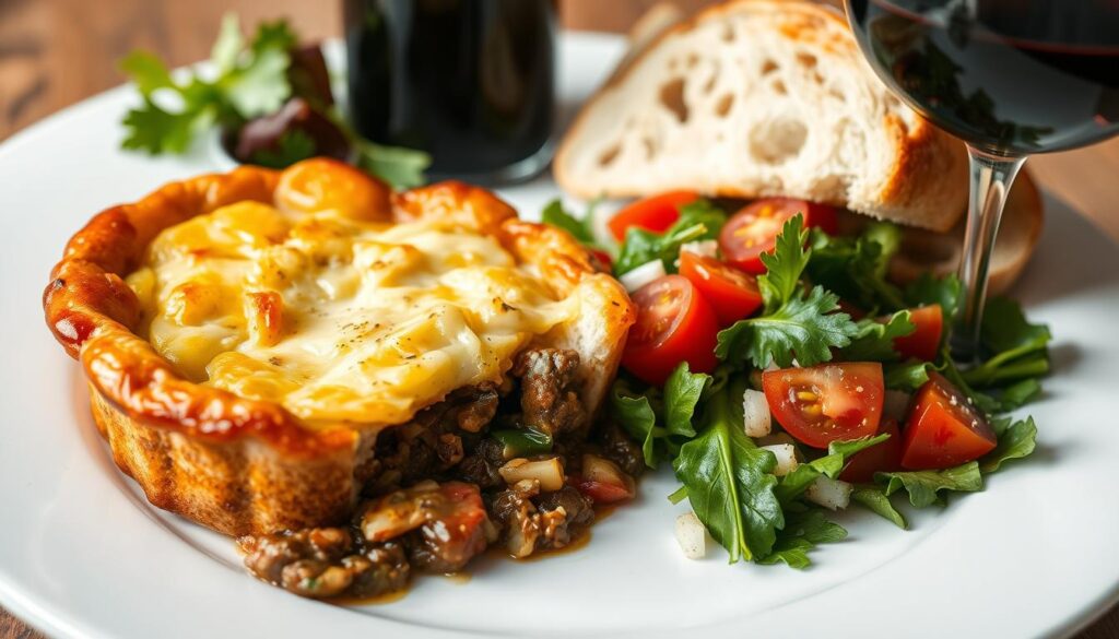 A hearty shepherd's pie served with a side salad, warm crusty bread, and a glass of red wine. The pie's golden-brown crust glistens under soft, directional lighting, revealing the savory filling of minced lamb, vegetables, and creamy mashed potatoes. The salad, with a vibrant mix of greens, tomatoes, and a light vinaigrette, provides a refreshing contrast. Warm, artisanal bread with a crisp exterior and fluffy interior completes the comforting, rustic tableau. A full-bodied red wine in a stemmed glass adds a touch of elegance, harmonizing the earthy, homestyle flavors.