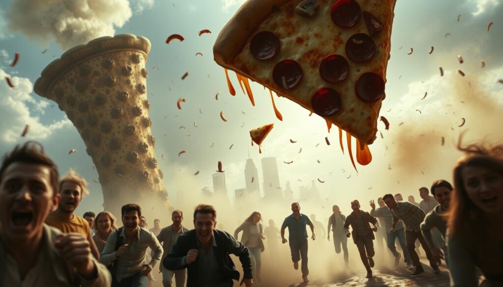 A hyper-realistic, cinematic, wide-angle scene depicting a chaotic "pizza attack timeline". In the foreground, a towering, sentient, animated pizza slice wreaks havoc, with slices of pepperoni and mushroom cascading from its maw. The middle ground shows a group of terrified people fleeing in all directions, their expressions of pure panic captured in stunning detail. In the background, a city skyline is engulfed in swirling clouds of cheese and tomato sauce. Dramatic chiaroscuro lighting casts deep shadows, emphasizing the sense of impending doom. The scene is shot with a wide, cinematic lens, creating a sense of immersion and scale. Overall, the image conveys a thrilling, suspenseful, and visually captivating "pizza attack timeline".