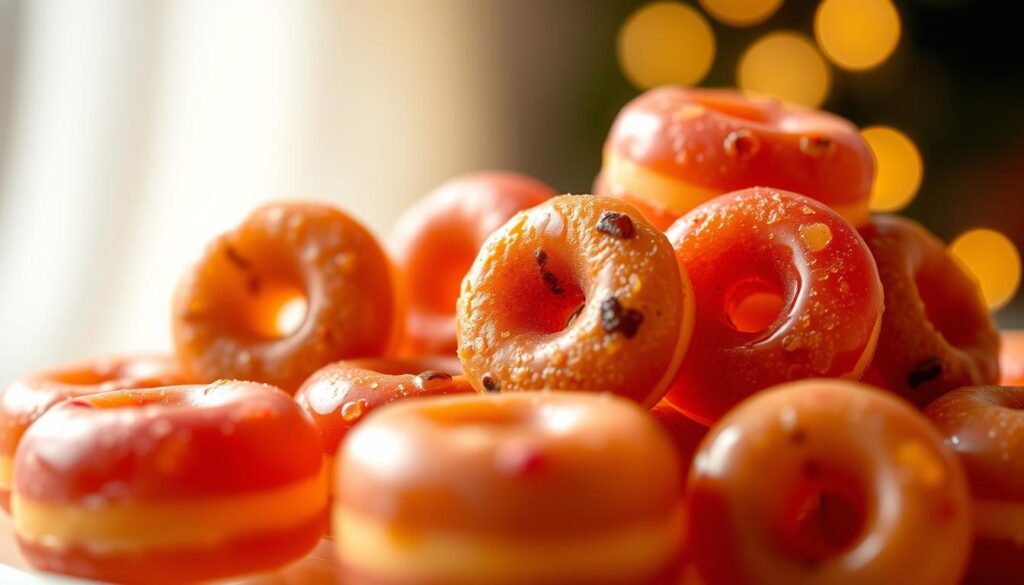 A mouthwatering close-up of an assortment of Tootsie Donut Fruitcake Gummies, showcasing their vibrant and inviting colors. The gummies are arranged in a visually appealing, symmetrical pattern against a soft, out-of-focus background that suggests a warm, cozy setting. The lighting is natural and diffused, highlighting the translucent, gummy texture and the sheen on the surface. The overall composition draws the viewer's attention to the delectable, multi-layered flavor profile of the gummies, which blend the sweetness of donuts, the richness of fruitcake, and the chewiness of gummies.