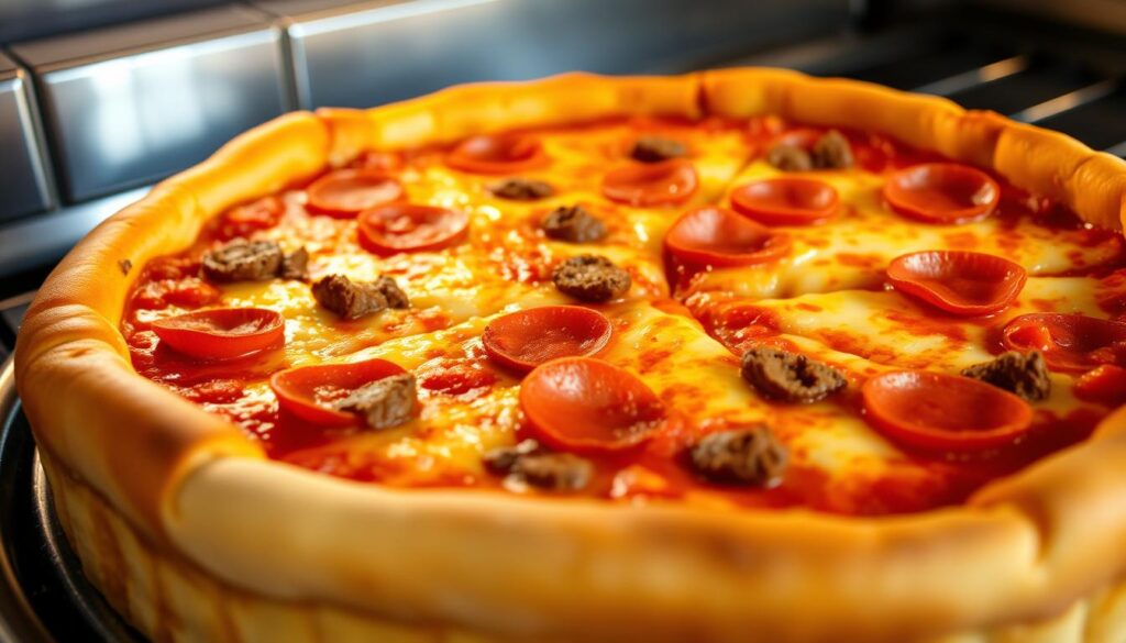 A mouthwatering deep dish pizza, fresh from the oven, its golden crust glistening under the warm kitchen lighting. The thick, buttery dough is layered with a generous portion of zesty tomato sauce, followed by a melted blanket of gooey, stringy mozzarella cheese. Vibrant toppings, such as savory Italian sausage and crisp pepperoni, are evenly distributed across the pie, creating a visually striking and appetizing composition. The pizza is shot at a close, slightly elevated angle, showcasing the luscious, deep dish profile and inviting the viewer to imagine the satisfying, indulgent bites to come. The overall mood is one of comfort, indulgence, and the irresistible allure of a truly authentic Chicago-style deep dish pizza experience.