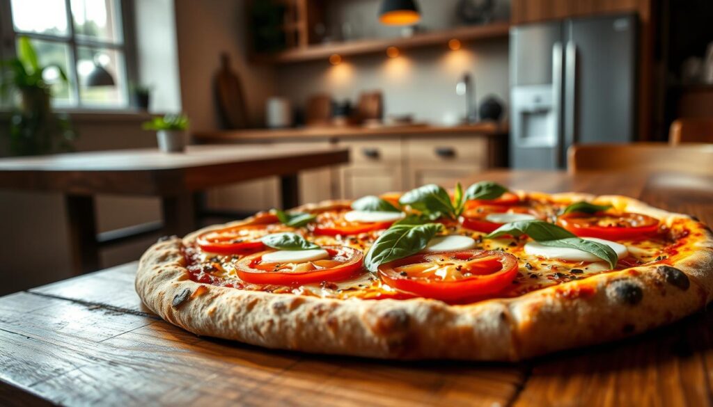 A mouthwatering display of a creative pizza, featuring a golden-brown, hand-tossed crust topped with vibrant slices of juicy tomatoes, fragrant basil leaves, and melted mozzarella cheese. The pizza is highlighted by warm, diffused lighting that casts a cozy, inviting glow, captured from a low angle to emphasize the layers of delicious toppings. In the background, a rustic wooden table and a minimalist, modern kitchen setting create a sophisticated yet homey atmosphere, inviting the viewer to imagine themselves savoring this exceptional culinary creation.