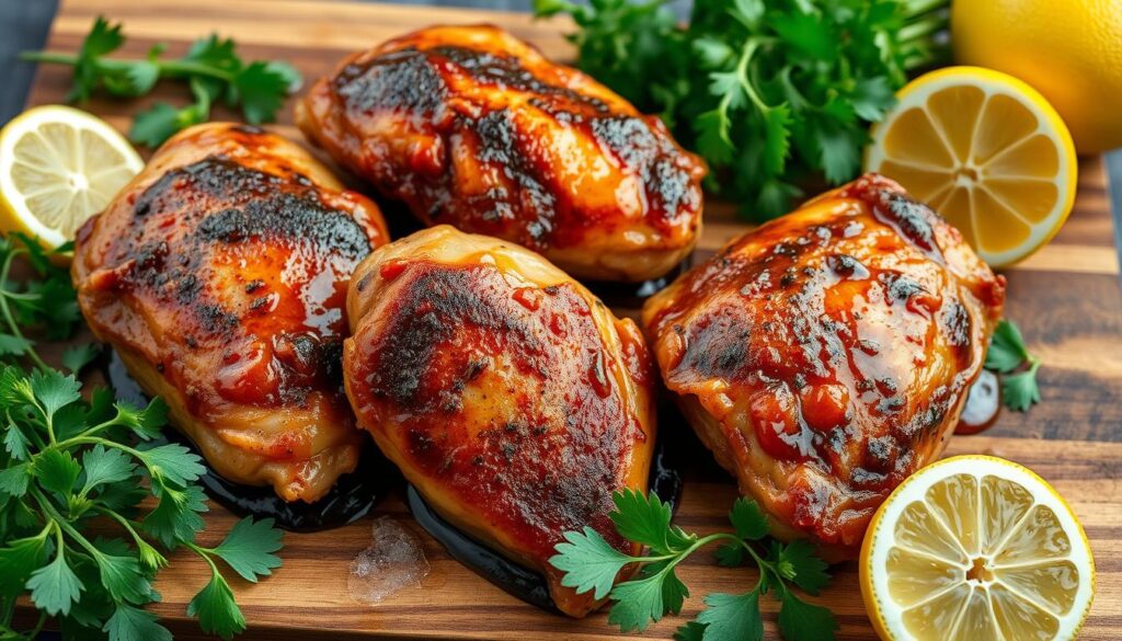 A mouthwatering still life of marinated chicken thighs, shot in natural light with a shallow depth of field. The thighs are arranged on a wooden cutting board, glistening with a rich marinade of soy sauce, garlic, ginger, and brown sugar. Vibrant green herbs and lemon wedges frame the composition, hinting at the fresh flavors. The scene has a rustic, inviting atmosphere, conveying the homemade, comfort-food vibe of these delicious marinated chicken thigh recipes.
