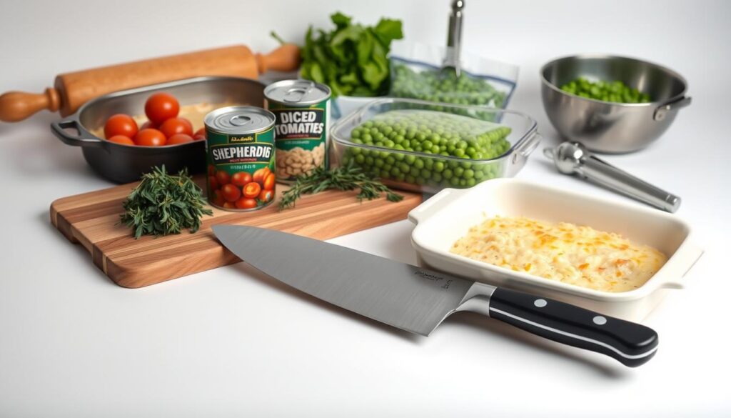 A neatly arranged still life of shepherd's pie kitchen tools and ingredients, shot with a professional lighting setup and a clean, white background. In the foreground, a heavy-duty chef's knife, a sturdy wooden cutting board, and a traditional shepherd's pie dish. In the middle ground, a can of diced tomatoes, a bundle of fresh thyme, and a bag of frozen peas. In the background, a rolling pin, a mixing bowl, and a garlic press. The lighting is soft and even, creating subtle shadows and highlights that accentuate the textures and colors of the objects. The overall mood is one of simplicity, practicality, and the comforting preparation of a classic hearty dish.