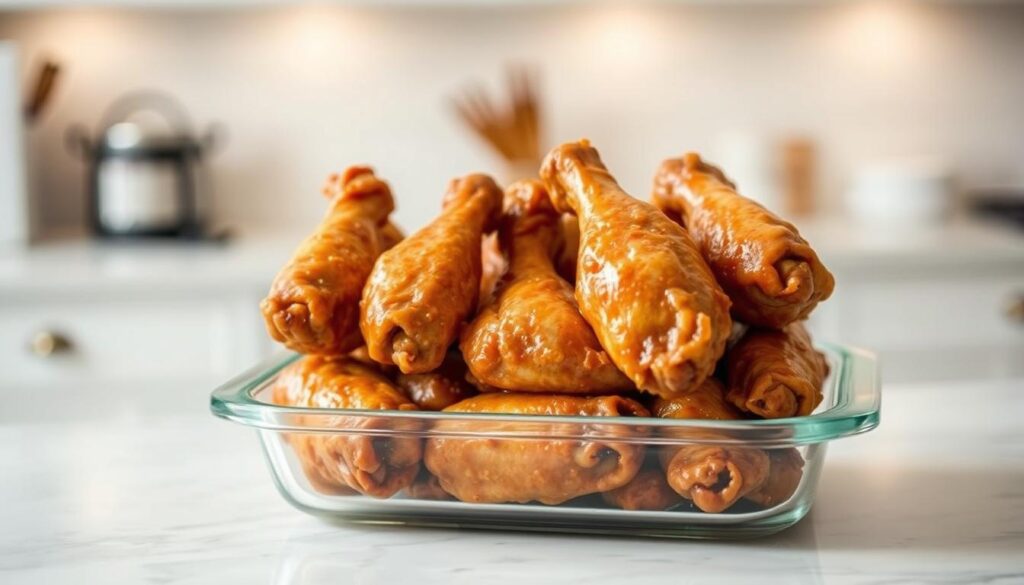 A pristine glass container sits on a pristine kitchen counter, filled with perfectly arranged, mouthwatering smothered turkey wings. The wings are cooked to tender perfection, the skin glistening under soft, even lighting. The background is blurred, allowing the container to take center stage, drawing the viewer's gaze. The image conveys a sense of culinary mastery and attention to detail, perfectly suited to illustrate the "Storage, Reheating, and Making Ahead" section of the "Tender Smothered Turkey Wings: A Must-Try Recipe" article.