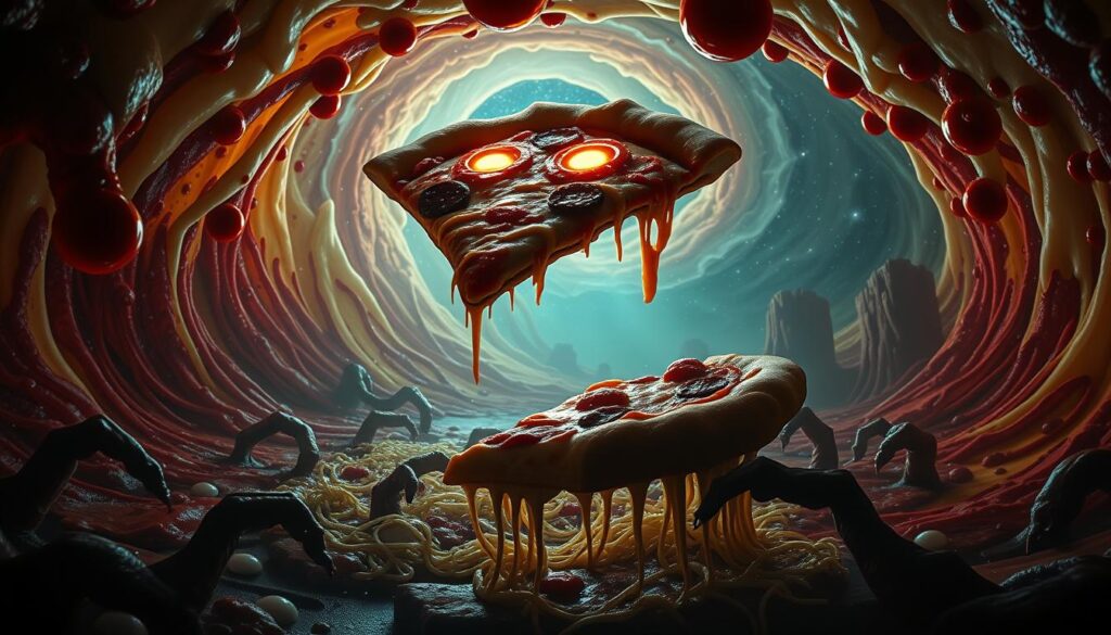 A swirling, otherworldly vortex of melted cheese and bubbling tomato sauce, illuminated by an eerie, supernatural glow. In the foreground, a lone, sentient slice of pizza with jagged, razor-sharp edges and glowing, malevolent eyes levitates ominously, exuding an aura of pure, cosmic dread. The middle ground is filled with a writhing mass of tendrils and appendages made of stringy mozzarella, reaching out from the dimensional rift, while the background depicts a nightmarish landscape of towering, demonic pizza crusts and a starry, eldritch sky. The scene is bathed in an unsettling, chiaroscuro lighting, creating deep shadows and highlights that amplify the sense of unease and horror.