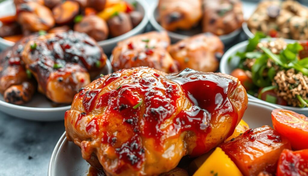 A tantalizing display of mouthwatering chicken thigh dishes from around the world, captured in a vibrant, high-resolution photograph. In the foreground, a sizzling chicken thigh dressed in a rich, glistening glaze, accompanied by a side of roasted vegetables, their colors popping against the neutral background. In the middle ground, an array of international chicken thigh preparations, each with its own unique seasoning and presentation - from juicy, slow-cooked Korean bulgogi thighs to fragrant, herb-crusted Mediterranean-style thighs. The background is softly blurred, allowing the delectable dishes to take center stage, shot with a shallow depth of field and warm, natural lighting to evoke a comforting, homemade atmosphere.