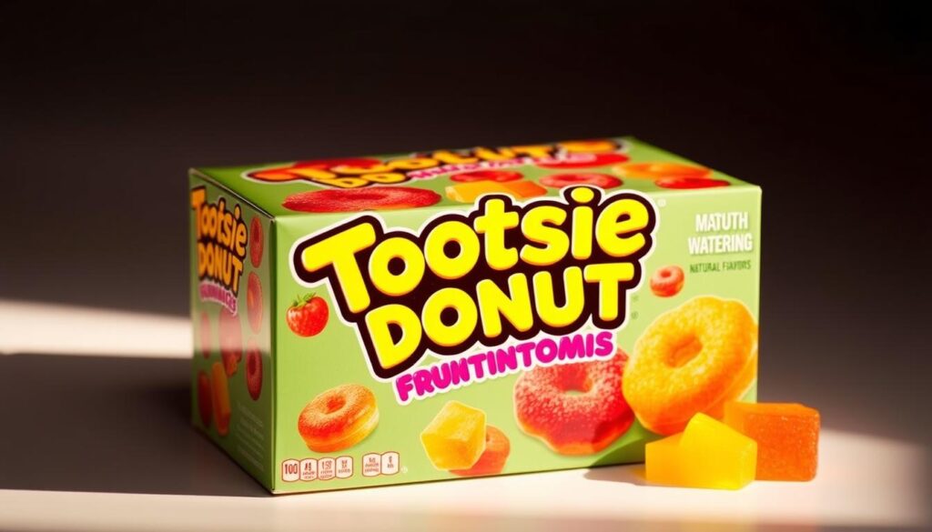 Tootsie Donut Fruitcake Gummies box, with a glossy, vibrant, and eye-catching package design. The box features a mouth-watering display of the gummy treats, each with a unique shape and assortment of bright, natural fruit flavors. The packaging has a retro-inspired, vintage aesthetic, with bold typography and a playful, nostalgic feel. The lighting is soft and warm, highlighting the intricate details and textures of the gummies, creating a tempting and inviting display. The composition places the packaging prominently in the frame, with a minimalist background that allows the product to shine. The overall mood is one of indulgence, delight, and a sense of timeless appeal.