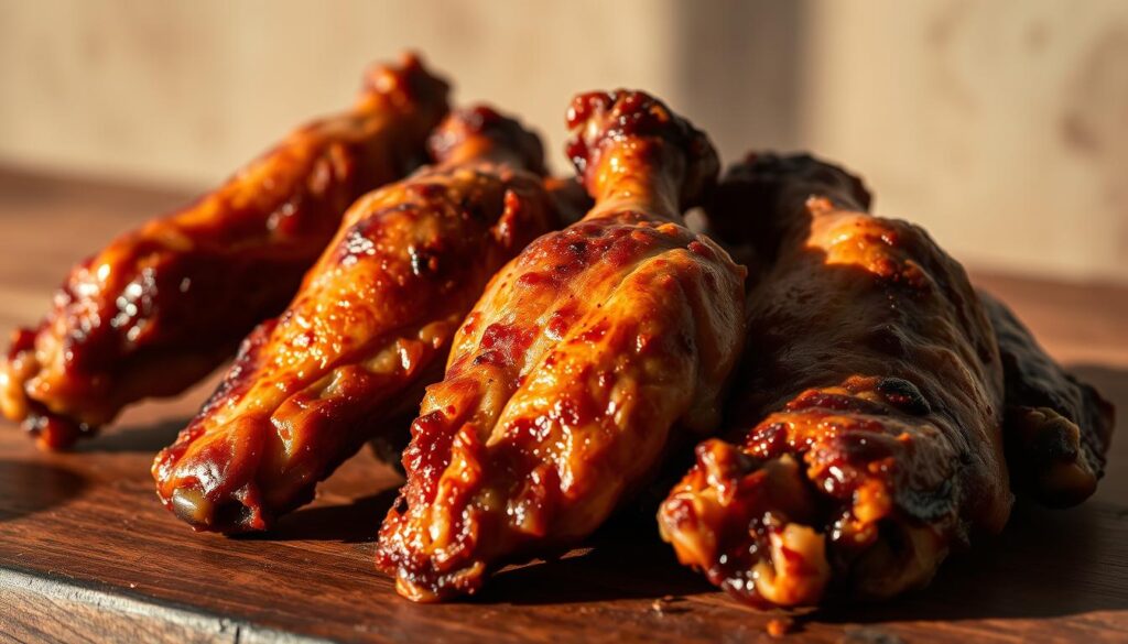 a close-up shot of perfectly browned turkey wings, the skin glistening with a delicate crisp texture, resting on a rustic wooden surface, bathed in warm, natural lighting, with a subtle shadow adding depth and dimension, against a muted, earthy background that complements the rich, autumnal hues of the wings, conveying a sense of homemade, comforting, and mouthwatering appeal