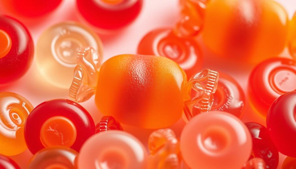 A close-up, high-resolution photograph of a variety of Tootsie Roll gummy candies in vibrant, eye-catching colors. The gummies are arranged in a visually appealing, artful composition against a simple, clean background, with soft, directional lighting that accentuates their glossy, chewy texture and tantalizing hues. The gummies are presented in a way that showcases their unique, instantly recognizable Tootsie Roll shape and form, while also highlighting their delightful, fruity flavors. The overall image has a rich, professional-quality aesthetic that captures the essence of the Tootsie Roll gummy experience.