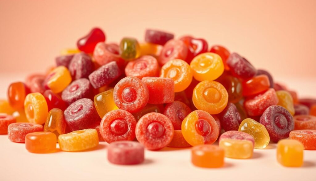 A detailed assortment of colorful Tootsie Roll gummies in various fruit flavors, arranged in an appealing still life composition against a soft, pastel-toned background. The gummies are captured in warm, natural lighting, their glossy, chewy textures and subtle gradients of color shimmering. The arrangement features a harmonious mix of classic Tootsie Roll shapes alongside unique flavors like cherry, orange, lemon, and raspberry, creating a visually enticing display that showcases the brand's diverse and delectable product line.